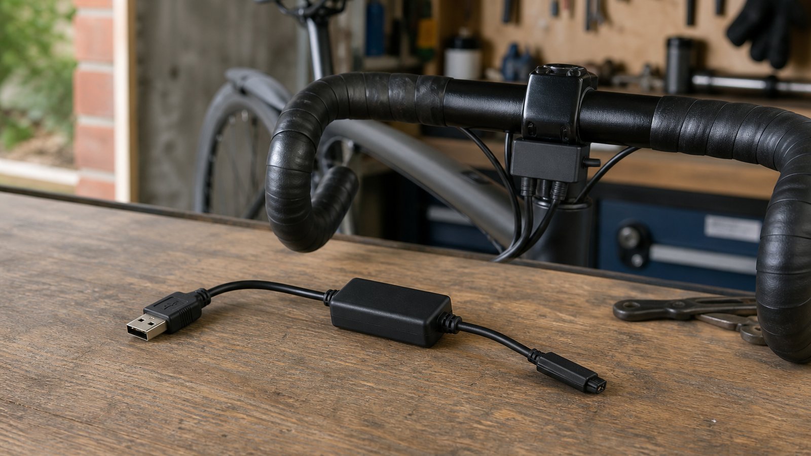 Compact USB Di charger on a UK cycling garage bench