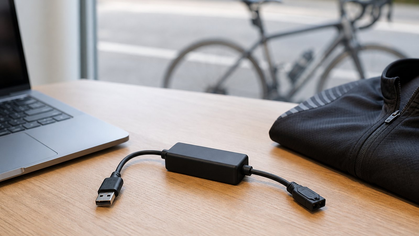 Compact USB Di charger on a UK cycling garage bench
